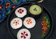 Idlis decorated with vegetables