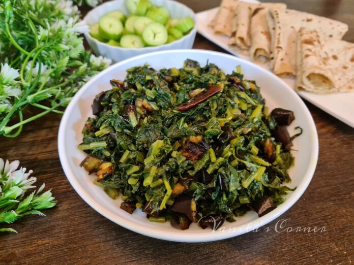 Radish greens & brinjal stir fry